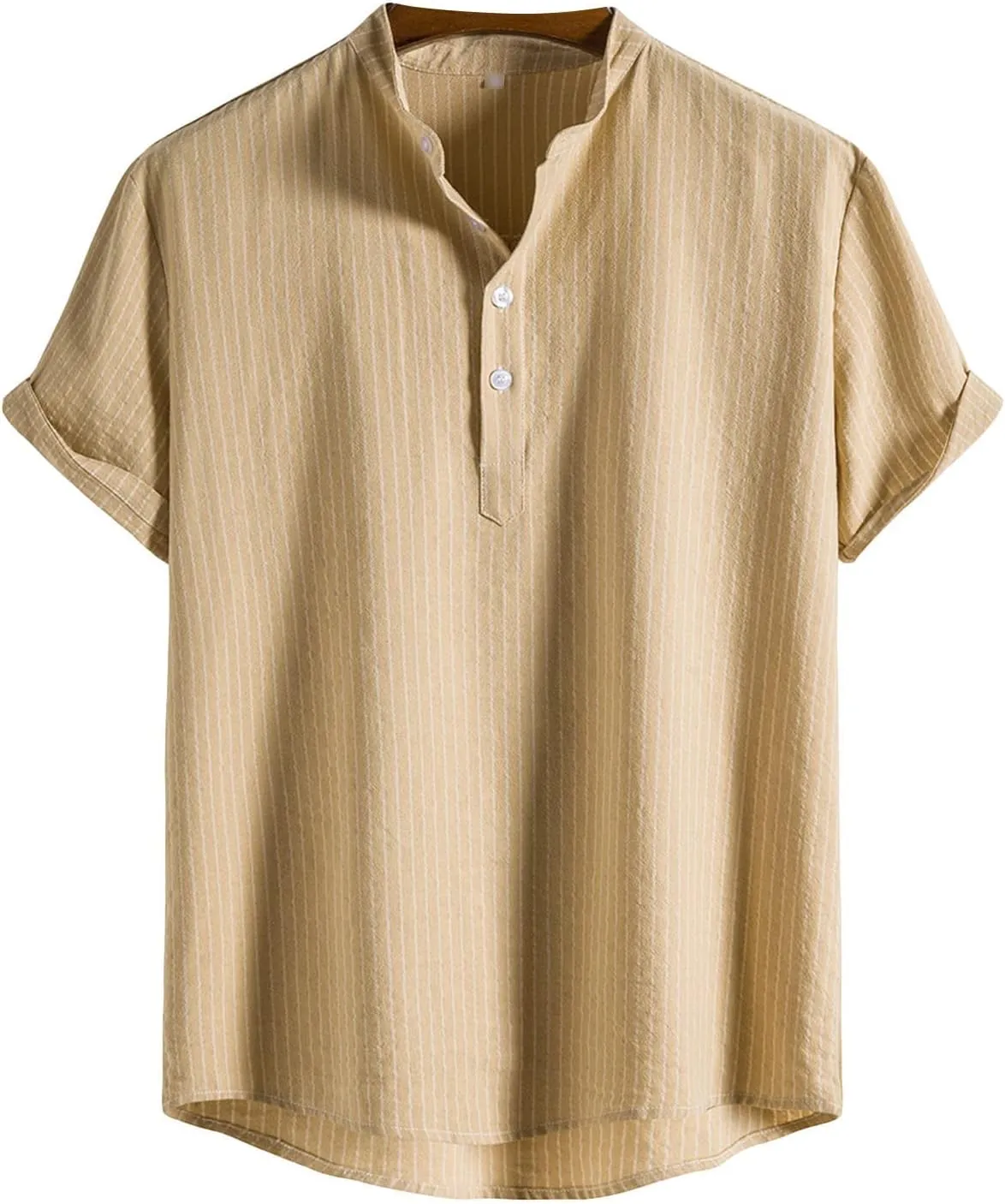 Men's Casual Button Down Shirts Summer Beach Striped Short Sleeve Regular Fit Cotton Linen Tops