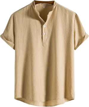 Men's Casual Button Down Shirts Summer Beach Striped Short Sleeve Regular Fit Cotton Linen Tops