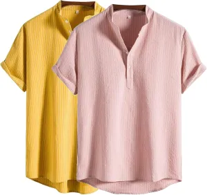 Men's Casual Button Down Shirts Summer Beach Striped Short Sleeve Regular Fit Cotton Linen Tops