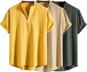 Men's Casual Button Down Shirts Summer Beach Striped Short Sleeve Regular Fit Cotton Linen Tops