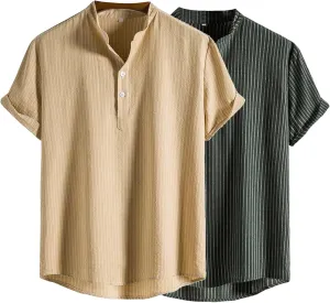 Men's Casual Button Down Shirts Summer Beach Striped Short Sleeve Regular Fit Cotton Linen Tops