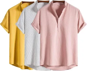 Men's Casual Button Down Shirts Summer Beach Striped Short Sleeve Regular Fit Cotton Linen Tops