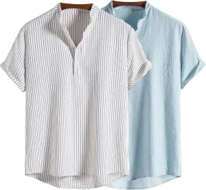 Men's Casual Button Down Shirts Summer Beach Striped Short Sleeve Regular Fit Cotton Linen Tops