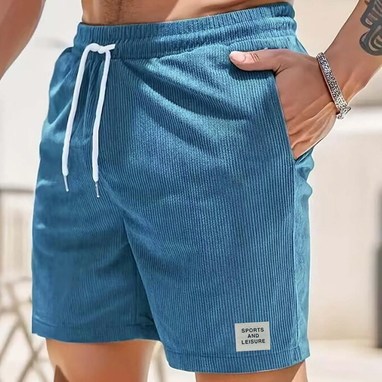 Mens Casual Corduroy Beach Shorts Elastic Waist Drawstring Workout Jogging Sweat Shorts Summer Stretch Lounge Short
