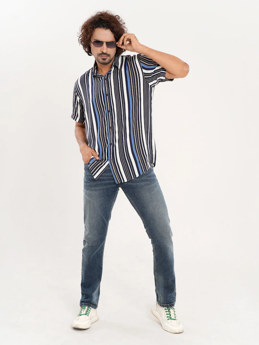 Men's Casual Half Sleeve Denim Blue Stripe Shirt