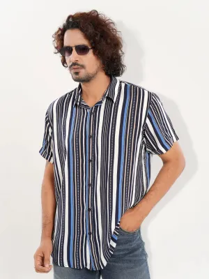Men's Casual Half Sleeve Denim Blue Stripe Shirt