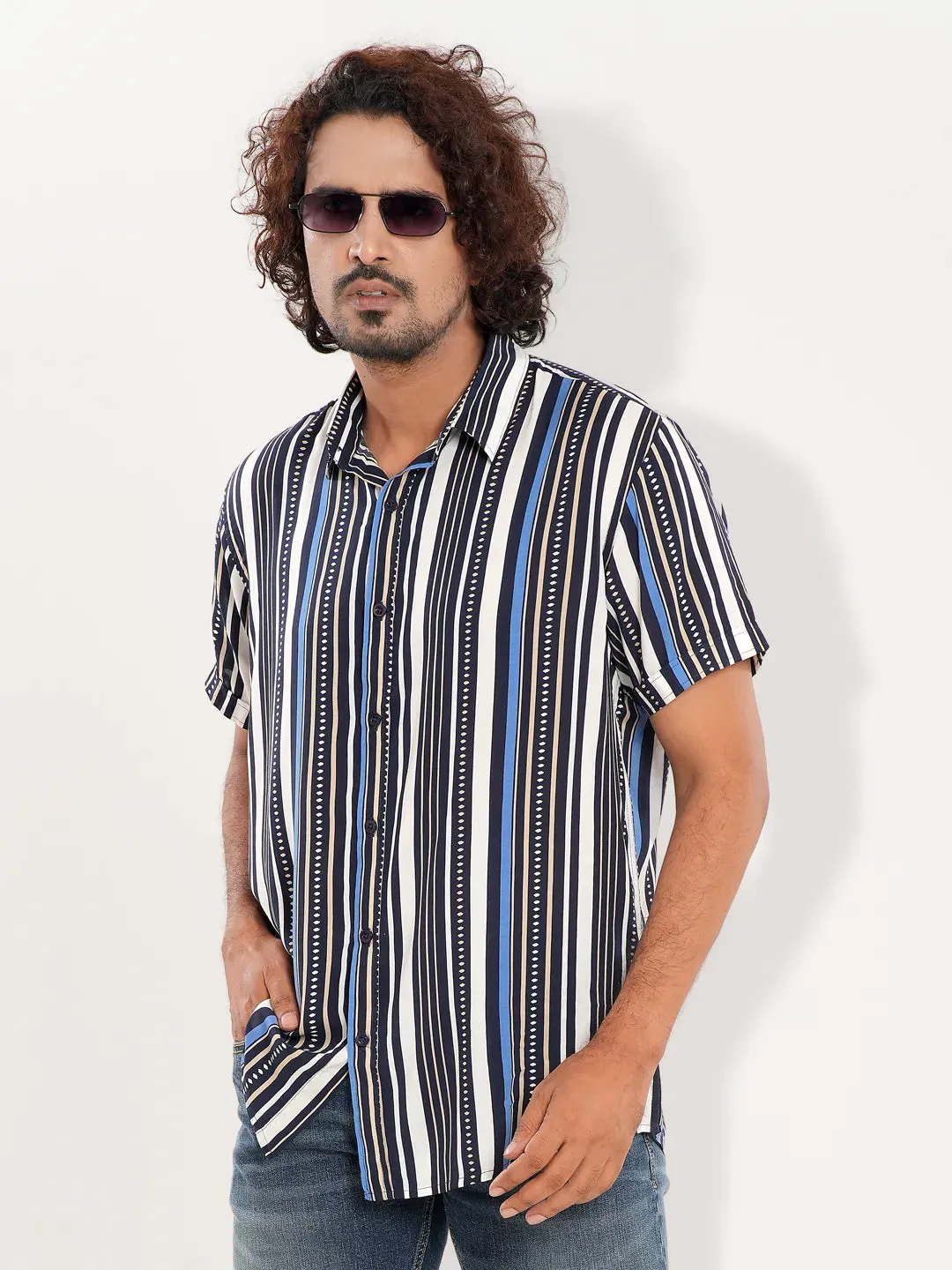 Men's Casual Half Sleeve Denim Blue Stripe Shirt