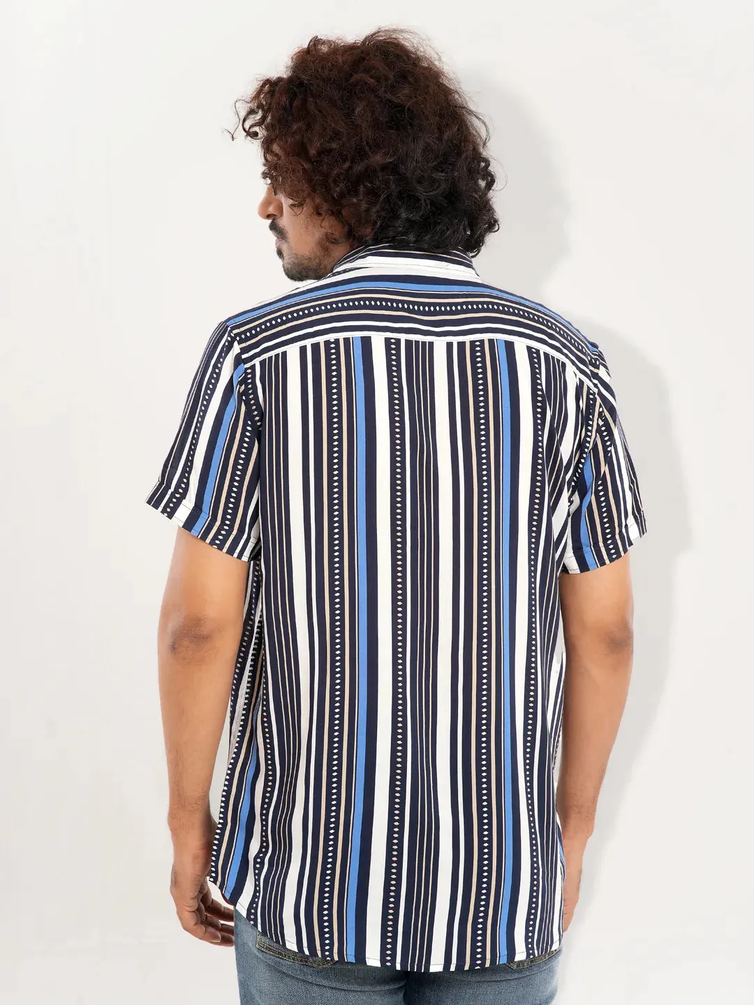 Men's Casual Half Sleeve Denim Blue Stripe Shirt