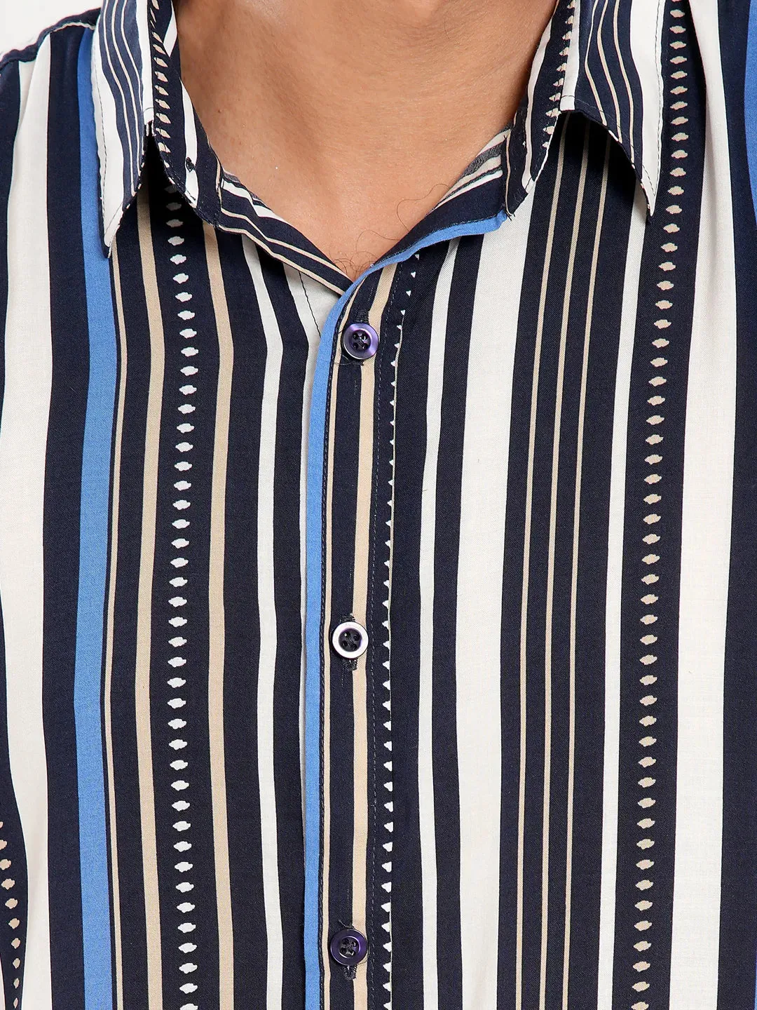 Men's Casual Half Sleeve Denim Blue Stripe Shirt