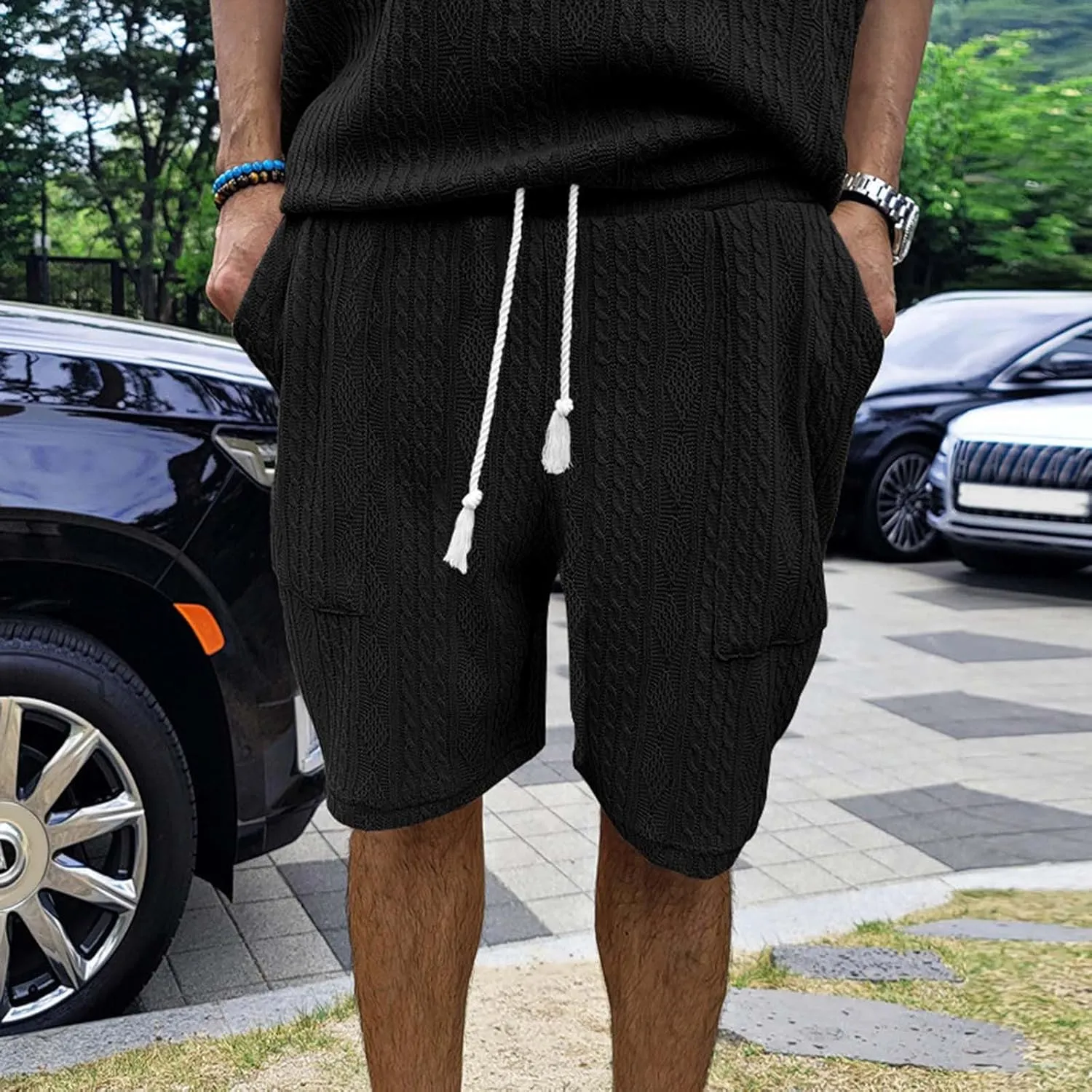 Mens Casual Jacquard Lounge Shorts Drawstring Elastic Waist Summer Waffle Textured Workout Jogging Beach Sweat Shorts