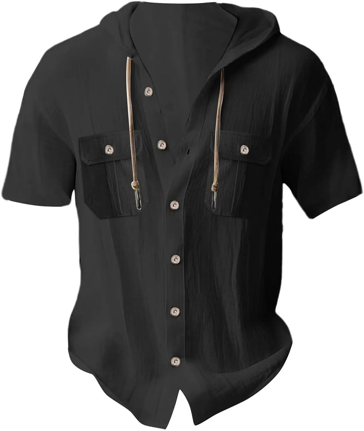 Mens Casual Linen Hooded Shirts Short Sleeve Button Down Yoga Sport T-Shirts Solid Casual Beach Summer Vacation Tops