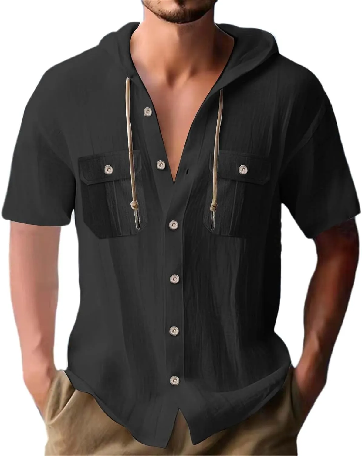 Mens Casual Linen Hooded Shirts Short Sleeve Button Down Yoga Sport T-Shirts Solid Casual Beach Summer Vacation Tops