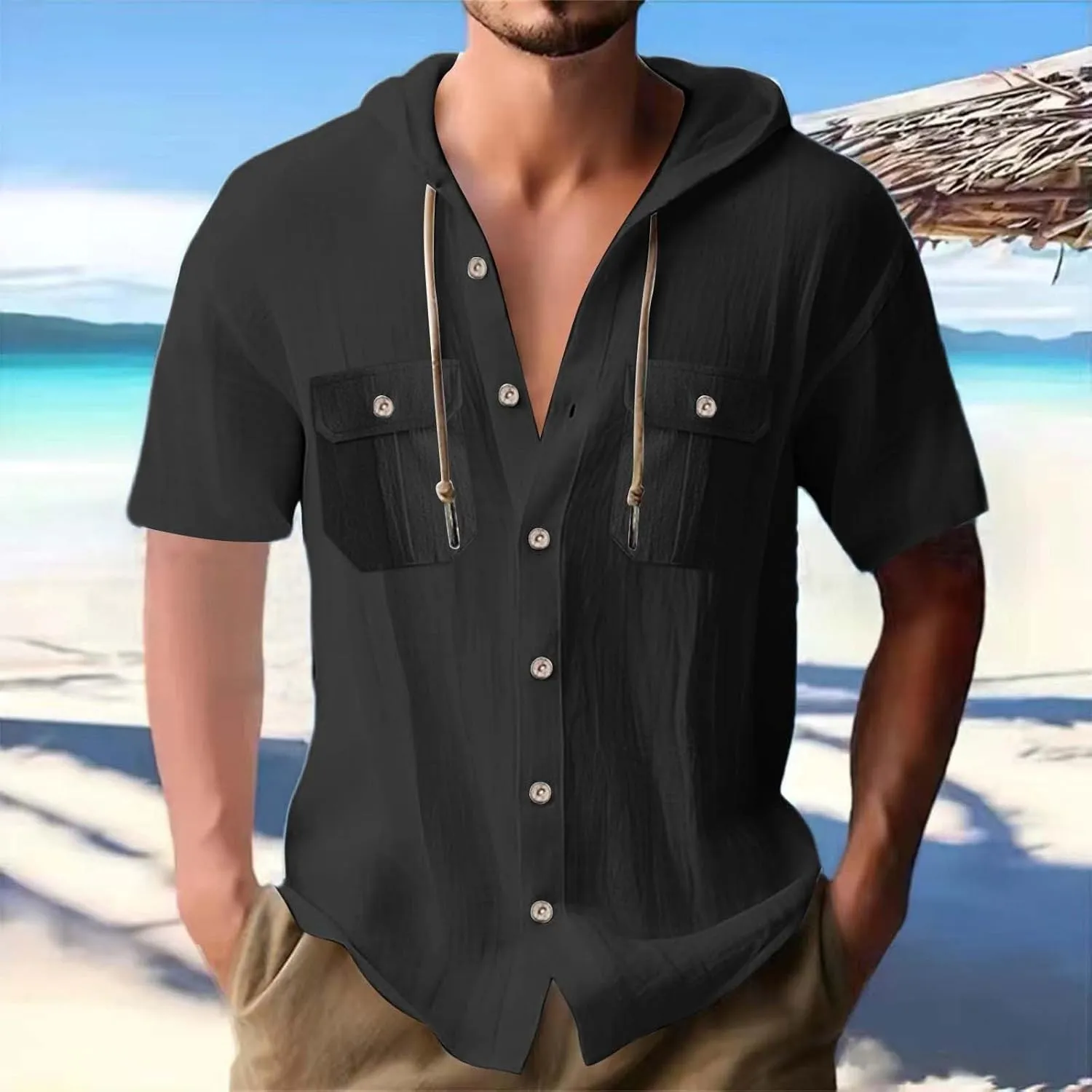 Mens Casual Linen Hooded Shirts Short Sleeve Button Down Yoga Sport T-Shirts Solid Casual Beach Summer Vacation Tops