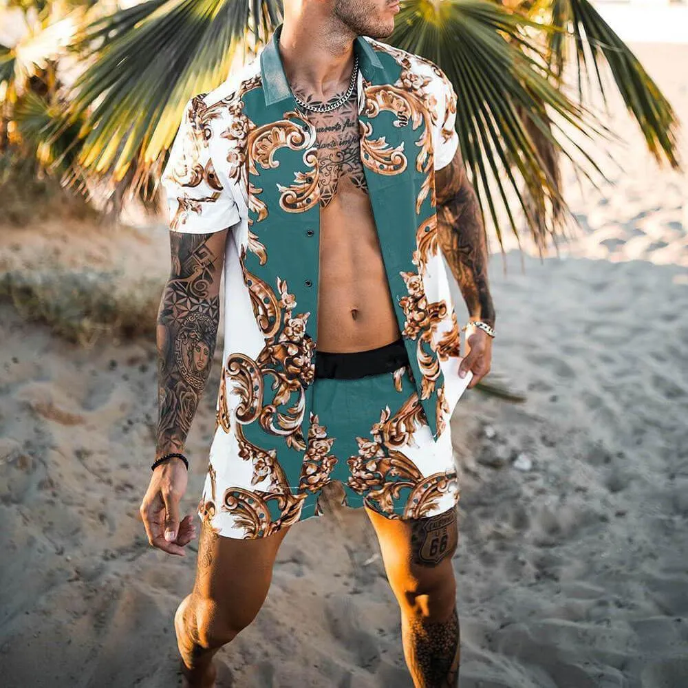 Men's Casual Shirts Loose Short Sleeves Shorts Beach Suit Summer
