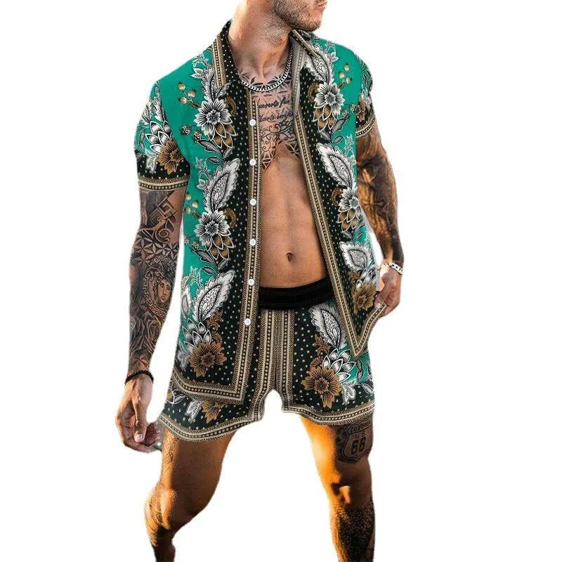 Men's Casual Shirts Loose Short Sleeves Shorts Beach Suit Summer
