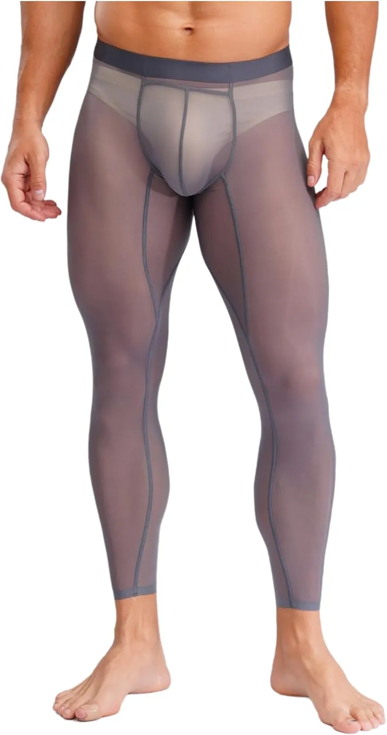 Men's Compression Pants Mesh Sport Underwear See Through Workout Legging for Night Club Party Wear