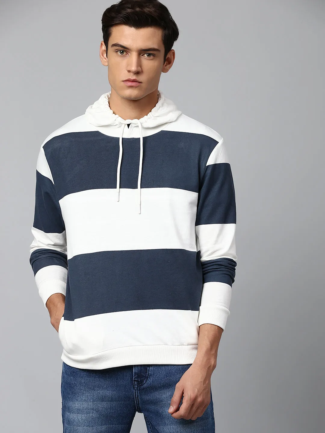 Men's Cotton Blend Full Sleeves Color Block Hooded Hoodie - Regular-Fit And Lightweight Casual Winterwear  (White)