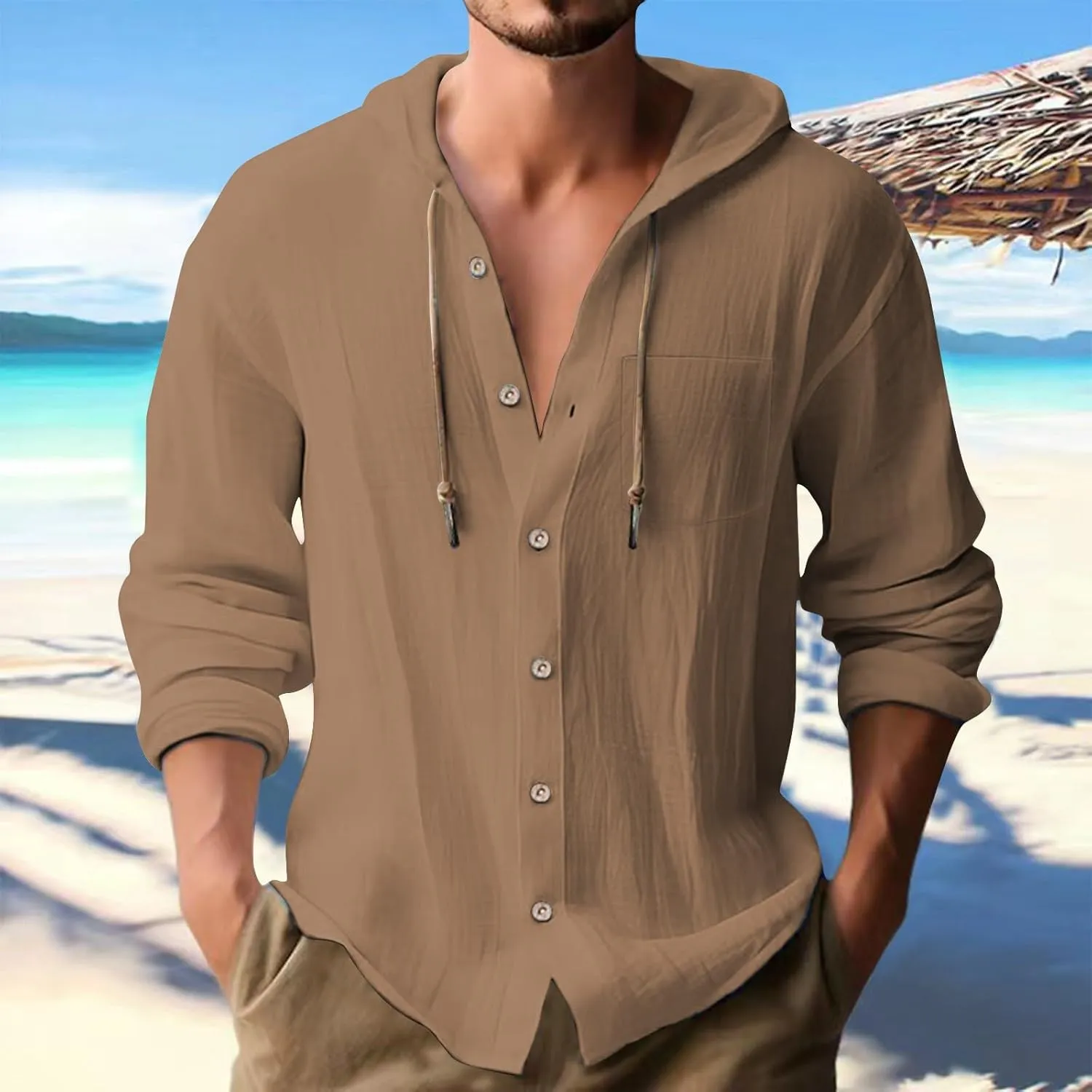 Mens Cotton Linen Henley Shirts with Hood Casual V Neck Drawstring Long Sleeve Hooded Sweatshirt Summer Button Tops