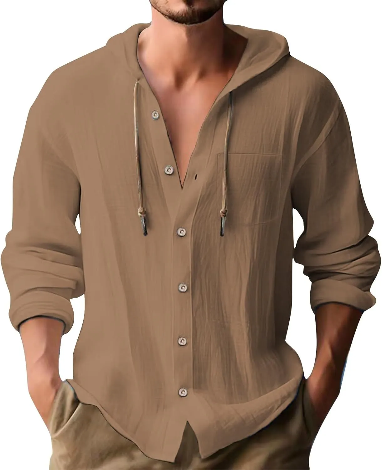 Mens Cotton Linen Henley Shirts with Hood Casual V Neck Drawstring Long Sleeve Hooded Sweatshirt Summer Button Tops