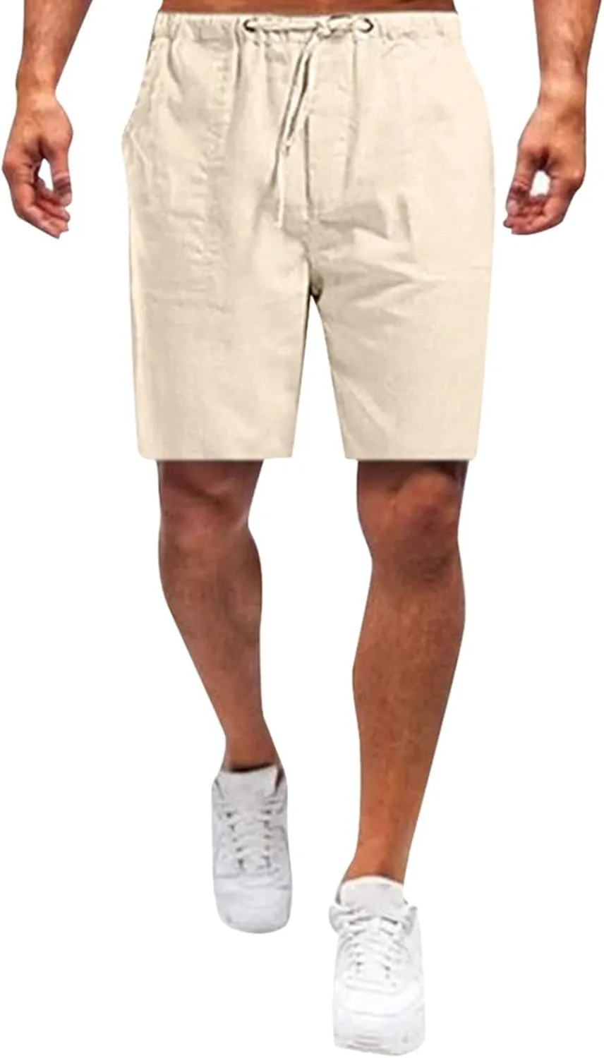 Mens Cotton Linen Lounge Shorts Casual Stretch Drawstring Waist Yoga Shorts Big and Tall Active Workout Beach Short