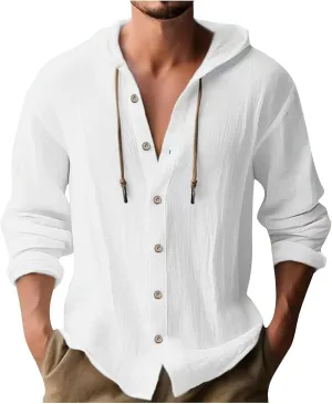 Mens Cotton Linen Shirts Fashion Casual Solid Color Button Tops Loose Fit Drawstring Long Sleeve with Hooded Blouse