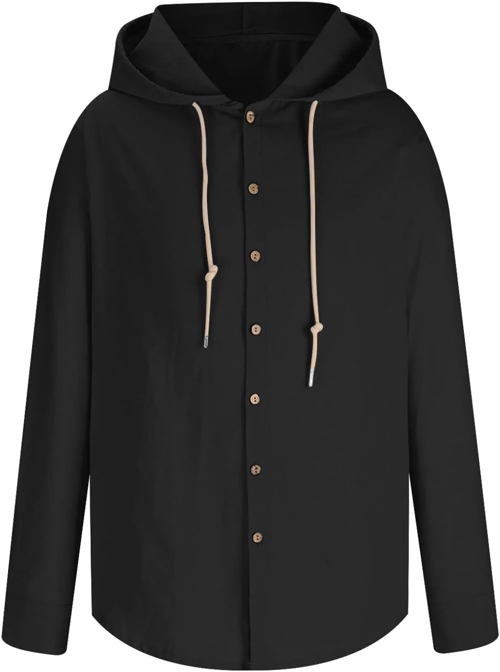 Mens Cotton Linen Shirts Fashion Casual Solid Color Button Tops Loose Fit Drawstring Long Sleeve with Hooded Blouse