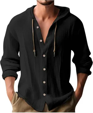Mens Cotton Linen Shirts Fashion Casual Solid Color Button Tops Loose Fit Drawstring Long Sleeve with Hooded Blouse