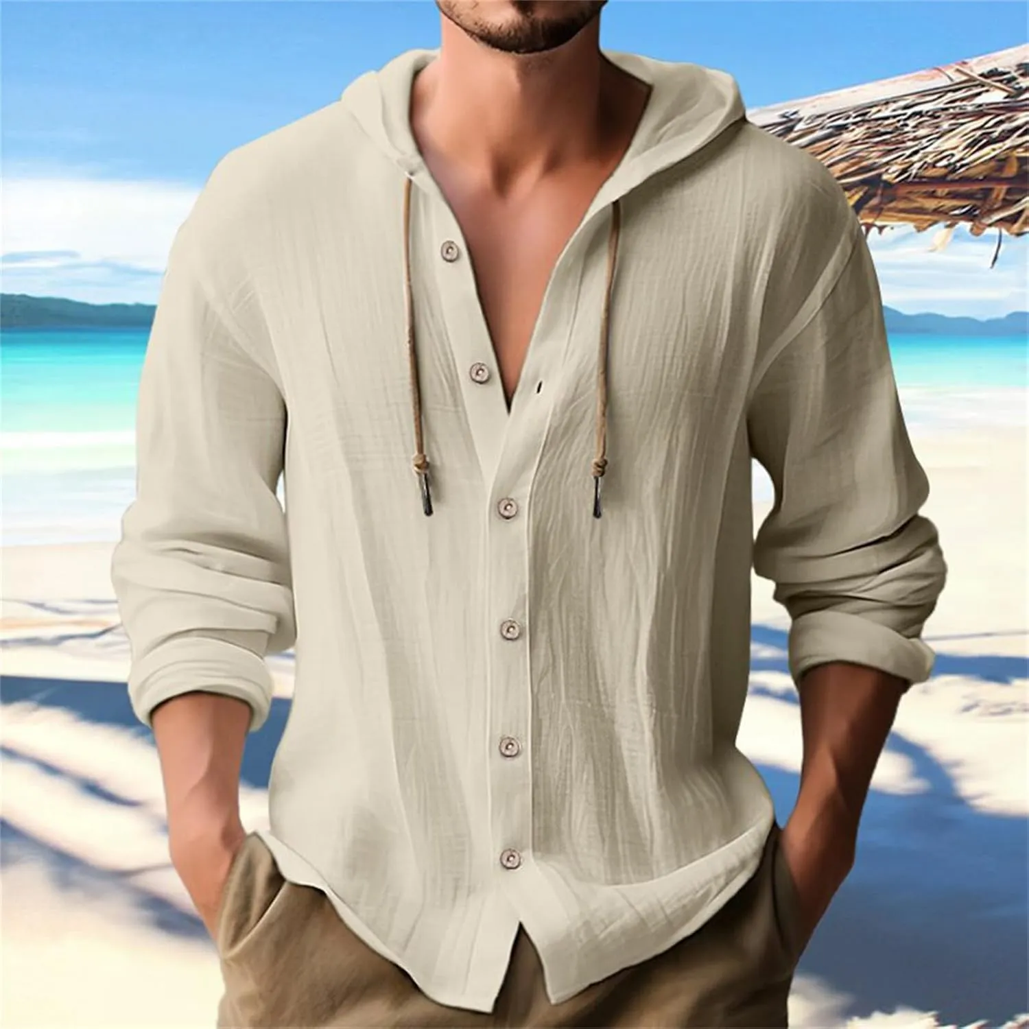 Mens Cotton Linen Shirts Fashion Casual Solid Color Button Tops Loose Fit Drawstring Long Sleeve with Hooded Blouse