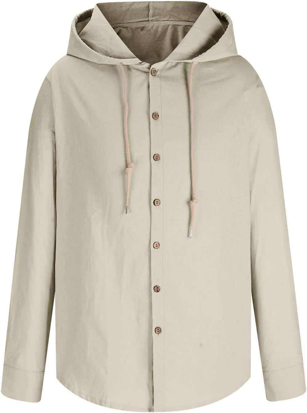 Mens Cotton Linen Shirts Fashion Casual Solid Color Button Tops Loose Fit Drawstring Long Sleeve with Hooded Blouse