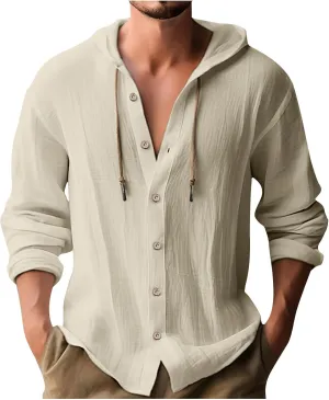 Mens Cotton Linen Shirts Fashion Casual Solid Color Button Tops Loose Fit Drawstring Long Sleeve with Hooded Blouse