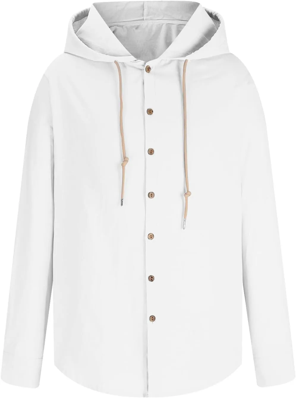 Mens Cotton Linen Shirts Fashion Casual Solid Color Button Tops Loose Fit Drawstring Long Sleeve with Hooded Blouse