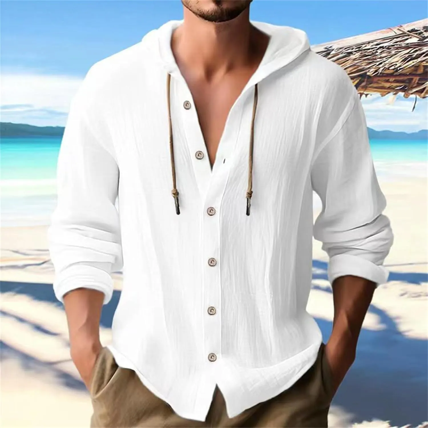 Mens Cotton Linen Shirts Fashion Casual Solid Color Button Tops Loose Fit Drawstring Long Sleeve with Hooded Blouse