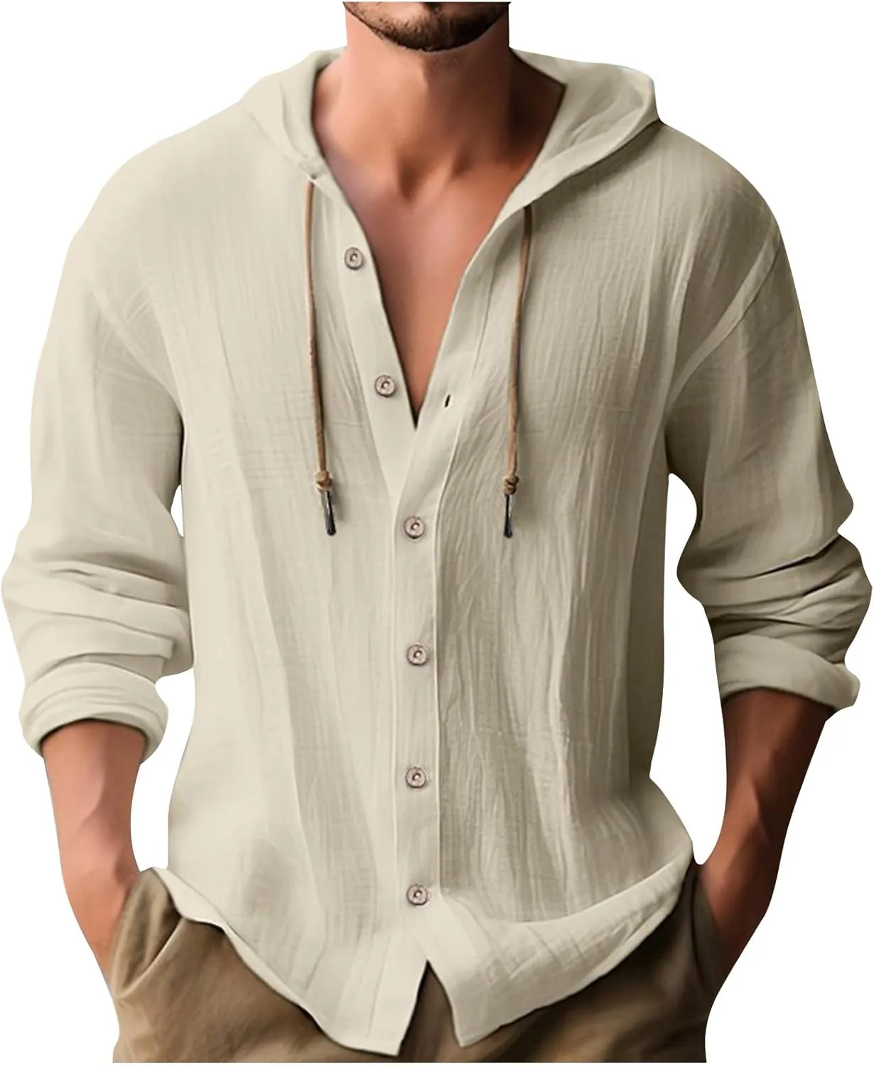 Mens Cotton Linen Shirts Fashion Casual Solid Color Button Tops Loose Fit Drawstring Long Sleeve with Hooded Blouse