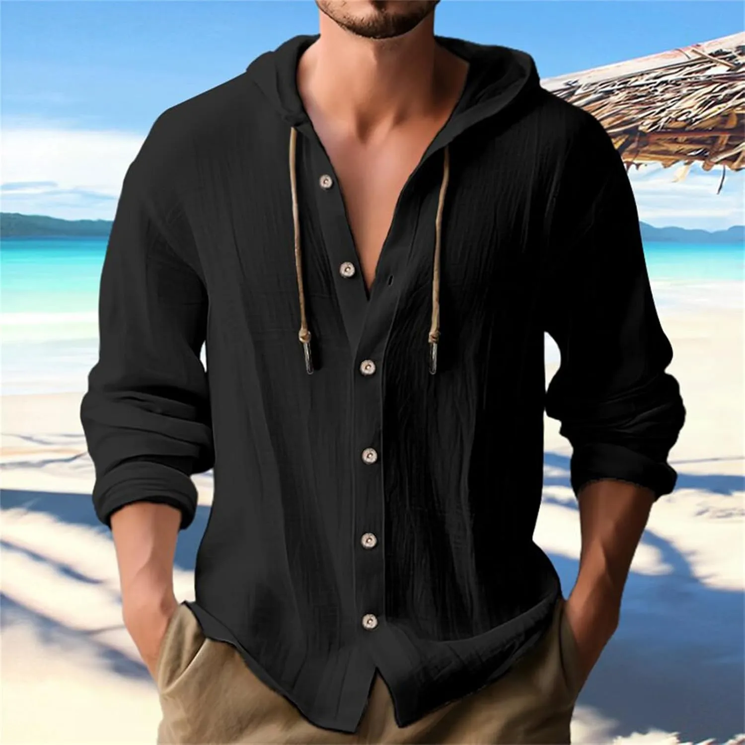 Mens Cotton Linen Shirts Fashion Casual Solid Color Button Tops Loose Fit Drawstring Long Sleeve with Hooded Blouse