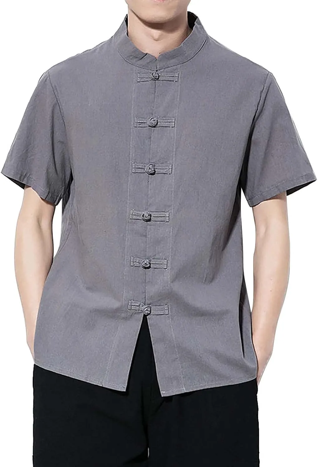 Mens Cotton Linen Short Sleeve Kung Fu Tai Chi Shirts Stand Up Collar Frog-Button Martial Arts Shirts Enthic Style Shirts