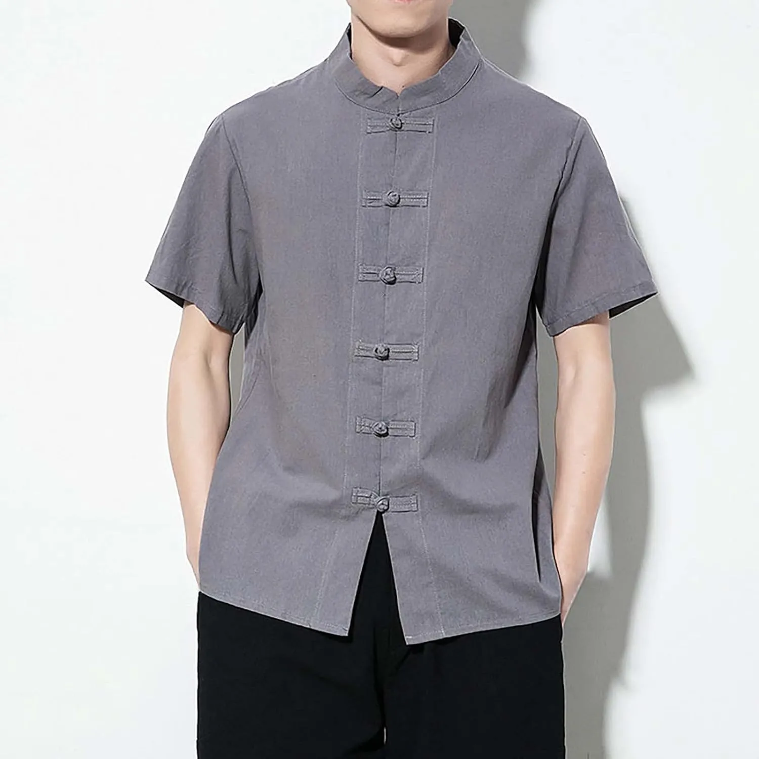Mens Cotton Linen Short Sleeve Kung Fu Tai Chi Shirts Stand Up Collar Frog-Button Martial Arts Shirts Enthic Style Shirts