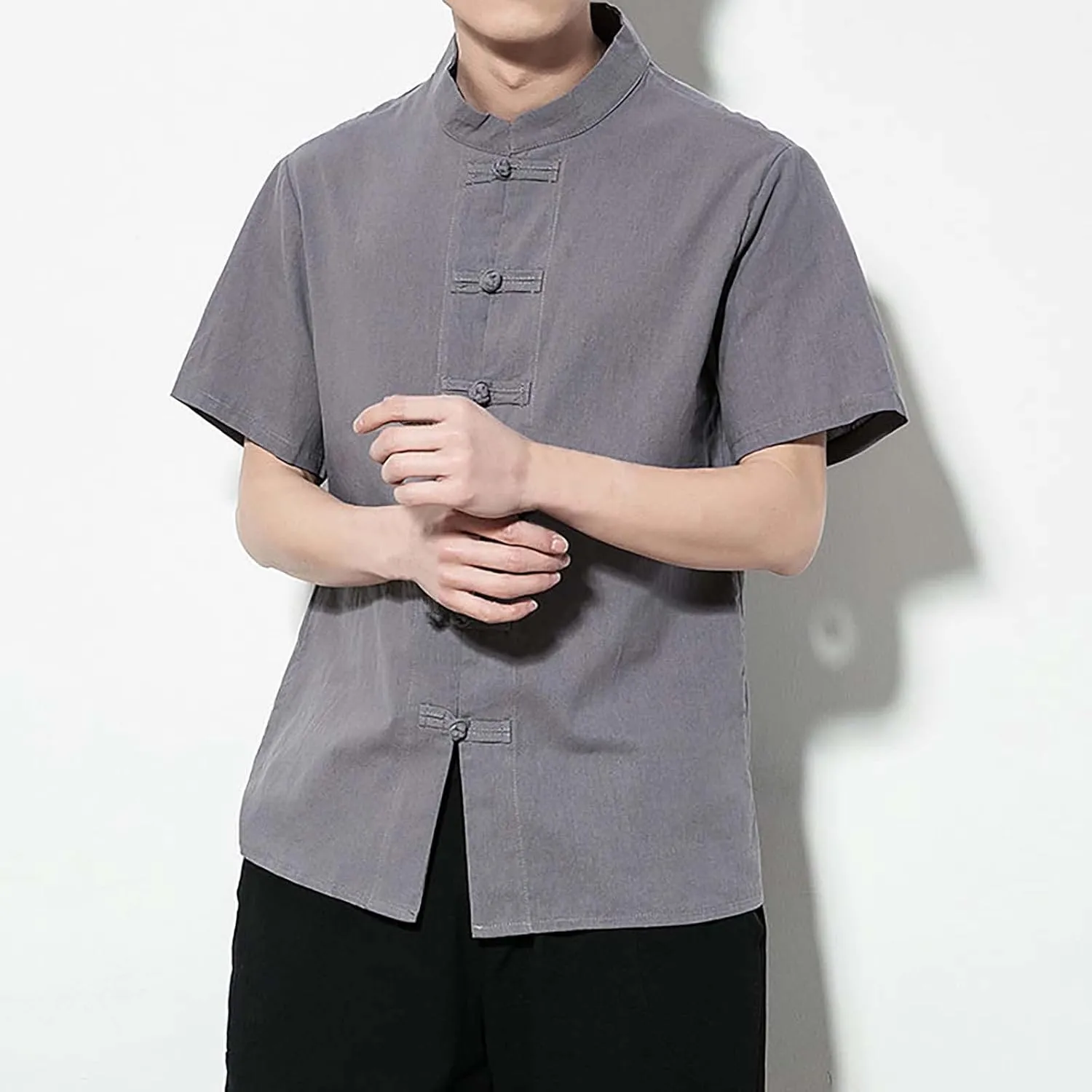 Mens Cotton Linen Short Sleeve Kung Fu Tai Chi Shirts Stand Up Collar Frog-Button Martial Arts Shirts Enthic Style Shirts