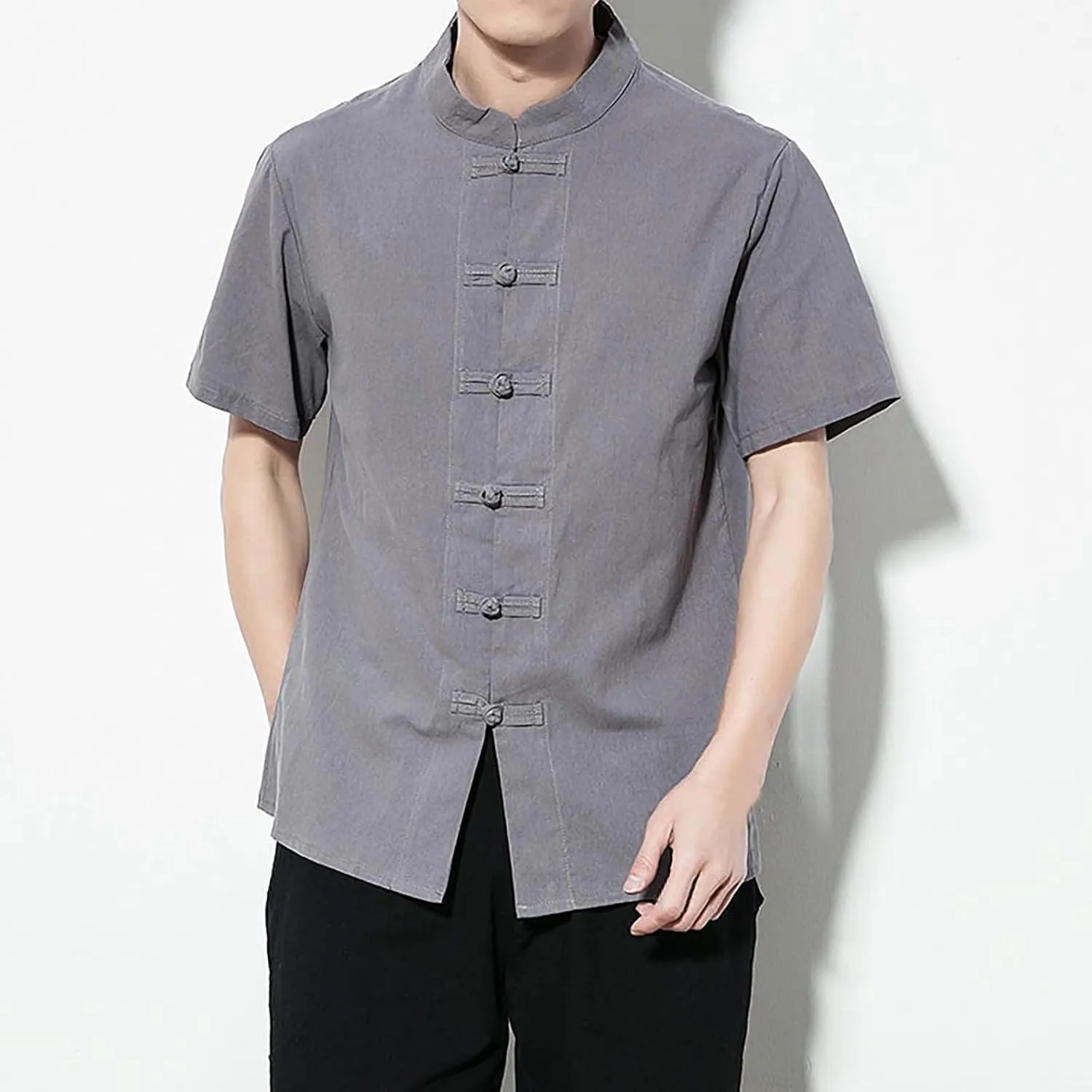 Mens Cotton Linen Short Sleeve Kung Fu Tai Chi Shirts Stand Up Collar Frog-Button Martial Arts Shirts Enthic Style Shirts