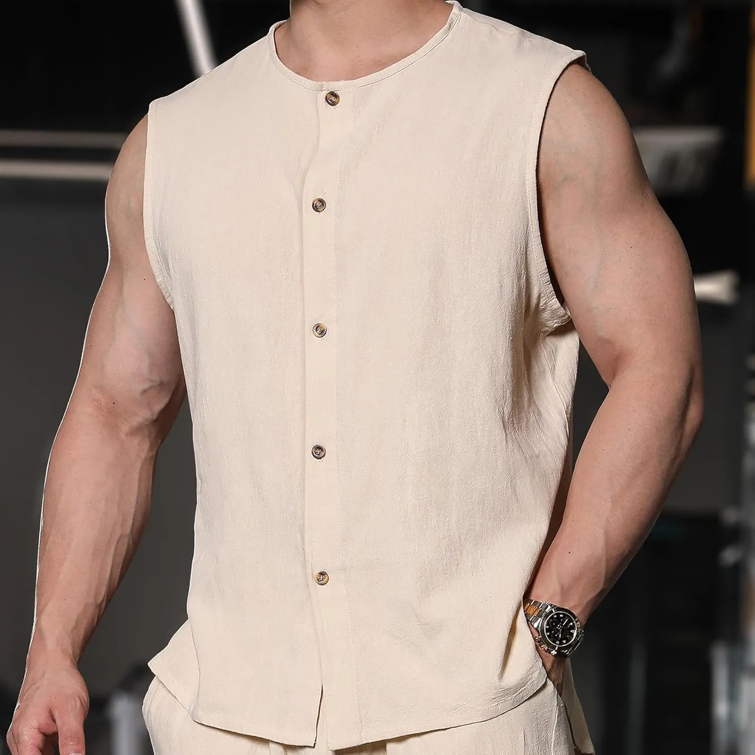Men's Cotton Linen Vest Shirts Sleeveless Linen Shirt Button Down Tank Tops Crewneck Blouse Breathable Linen Vests Cardigan
