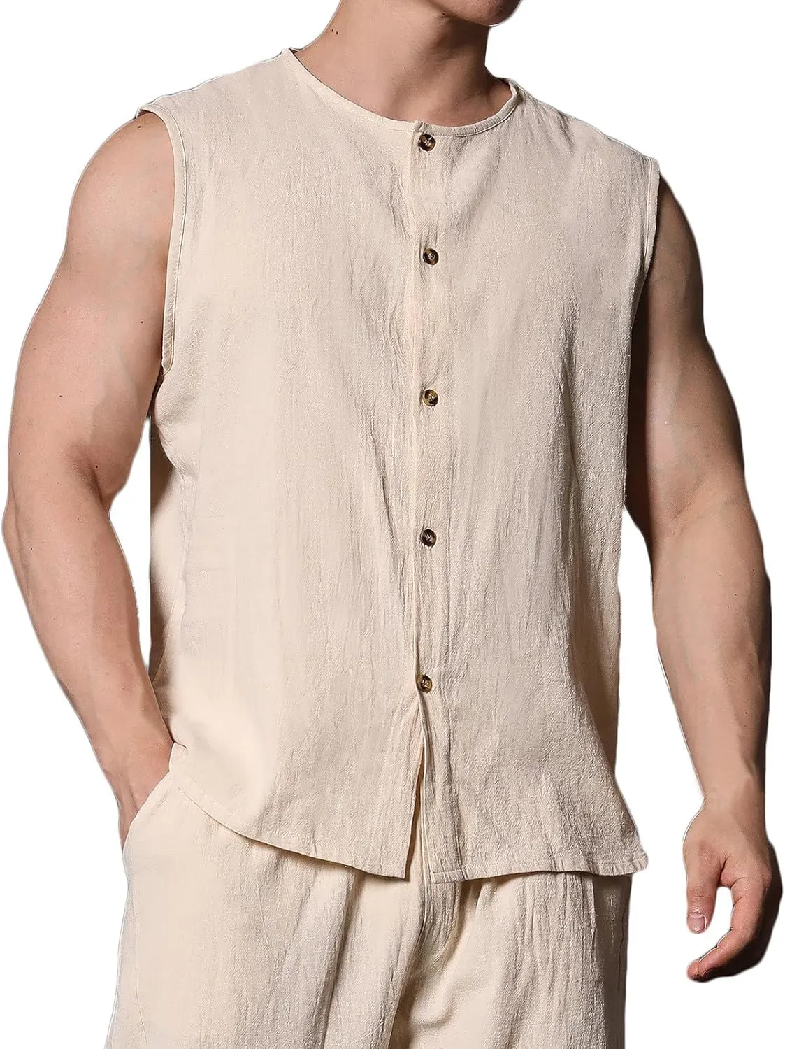 Men's Cotton Linen Vest Shirts Sleeveless Linen Shirt Button Down Tank Tops Crewneck Blouse Breathable Linen Vests Cardigan