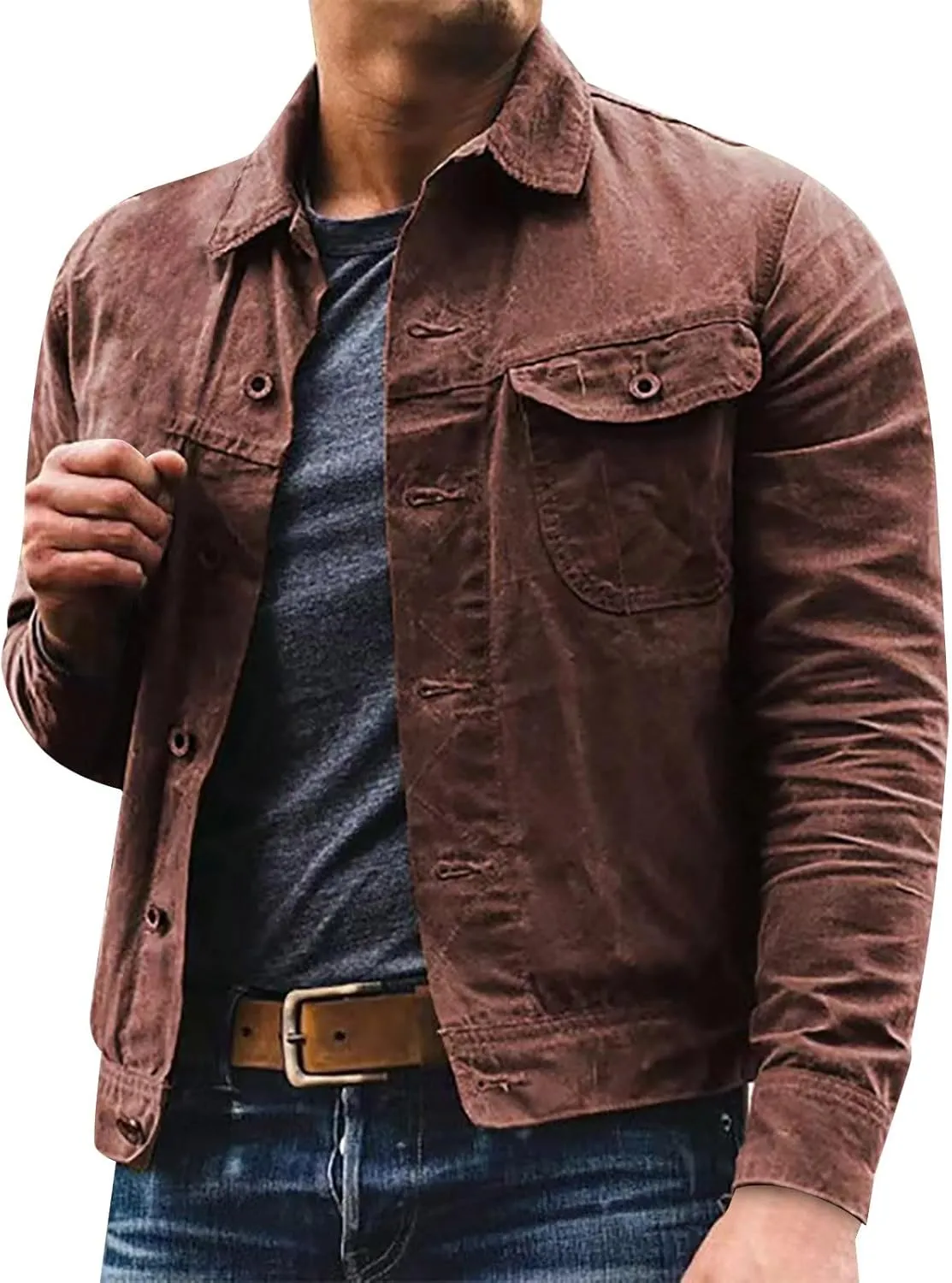 Mens Distressed Shirt Jacket Notch Lapel Washed Vintage Style Denim Trucker Jacket Long Sleeve Button Down Sport Coat