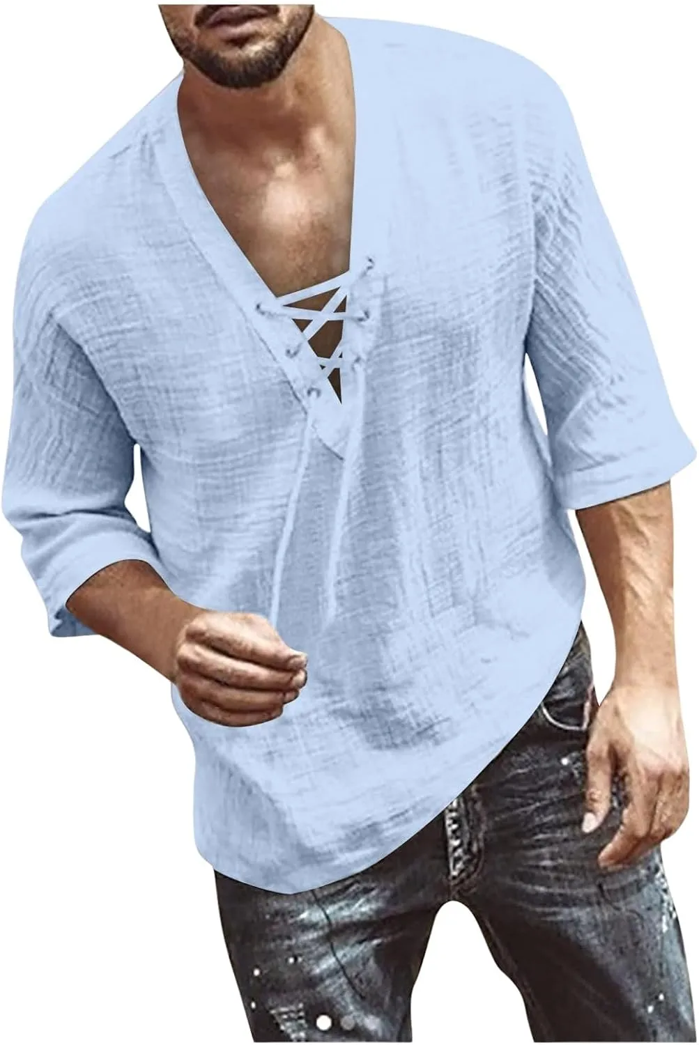 Men's Fashion Shirts Casual Long Sleeve Cotton Linen Lace Up Drawstring Hippie Beach Tshirts V Neck Yoga Summer Top