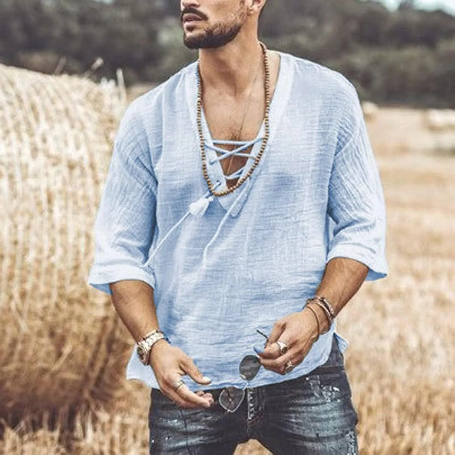 Men's Fashion Shirts Casual Long Sleeve Cotton Linen Lace Up Drawstring Hippie Beach Tshirts V Neck Yoga Summer Top