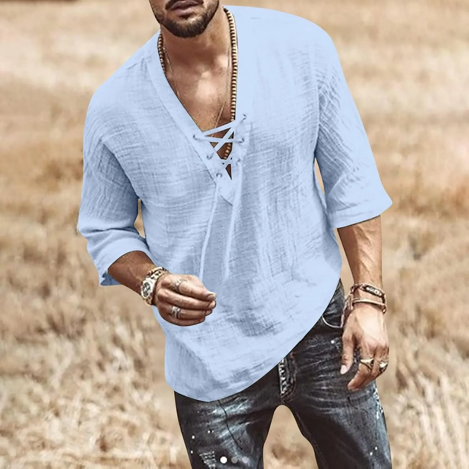 Men's Fashion Shirts Casual Long Sleeve Cotton Linen Lace Up Drawstring Hippie Beach Tshirts V Neck Yoga Summer Top
