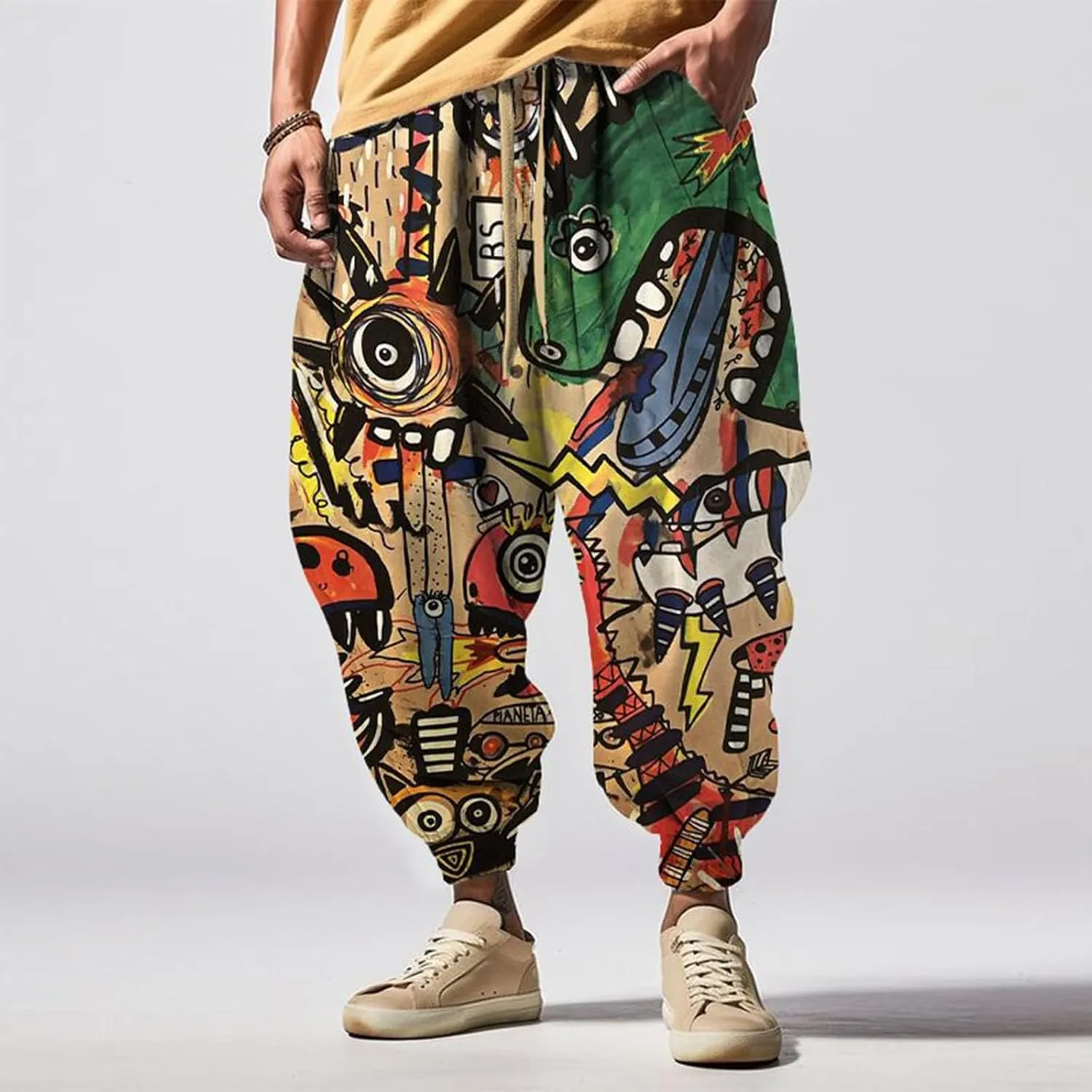 Mens Funky Print Hip Hop Harem Yoga Pants Big and Tall Casual Lounge Pants Elastic Waist Drop Crotch Hippie Trousers