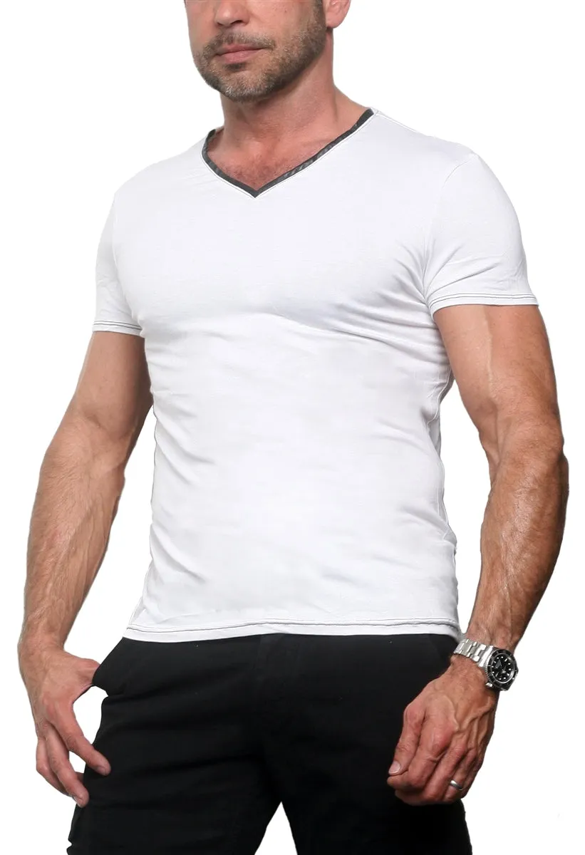 Men's GUNS Clothing - "V-NECK" with Italian Lambskin Trim in White