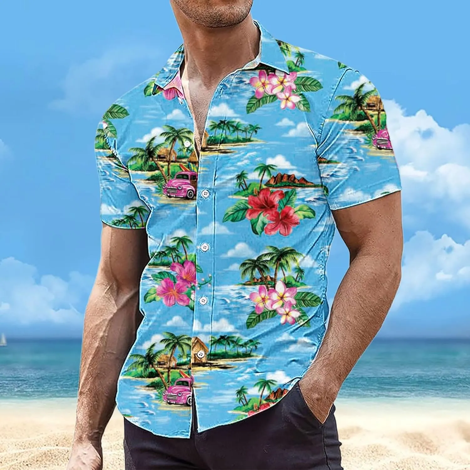 Men's Hawaiian Shirts Stylish Summer Button Down Short Sleeve Beach Aloha Shirt Tropical Quick Dry Hippie Tee Top