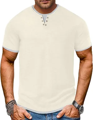 Men's Henley T-Shirt Short Sleeve Casual Lightweight Pullover Shirts Soft Stretch Basic Tees V Neck Metal Design Tops