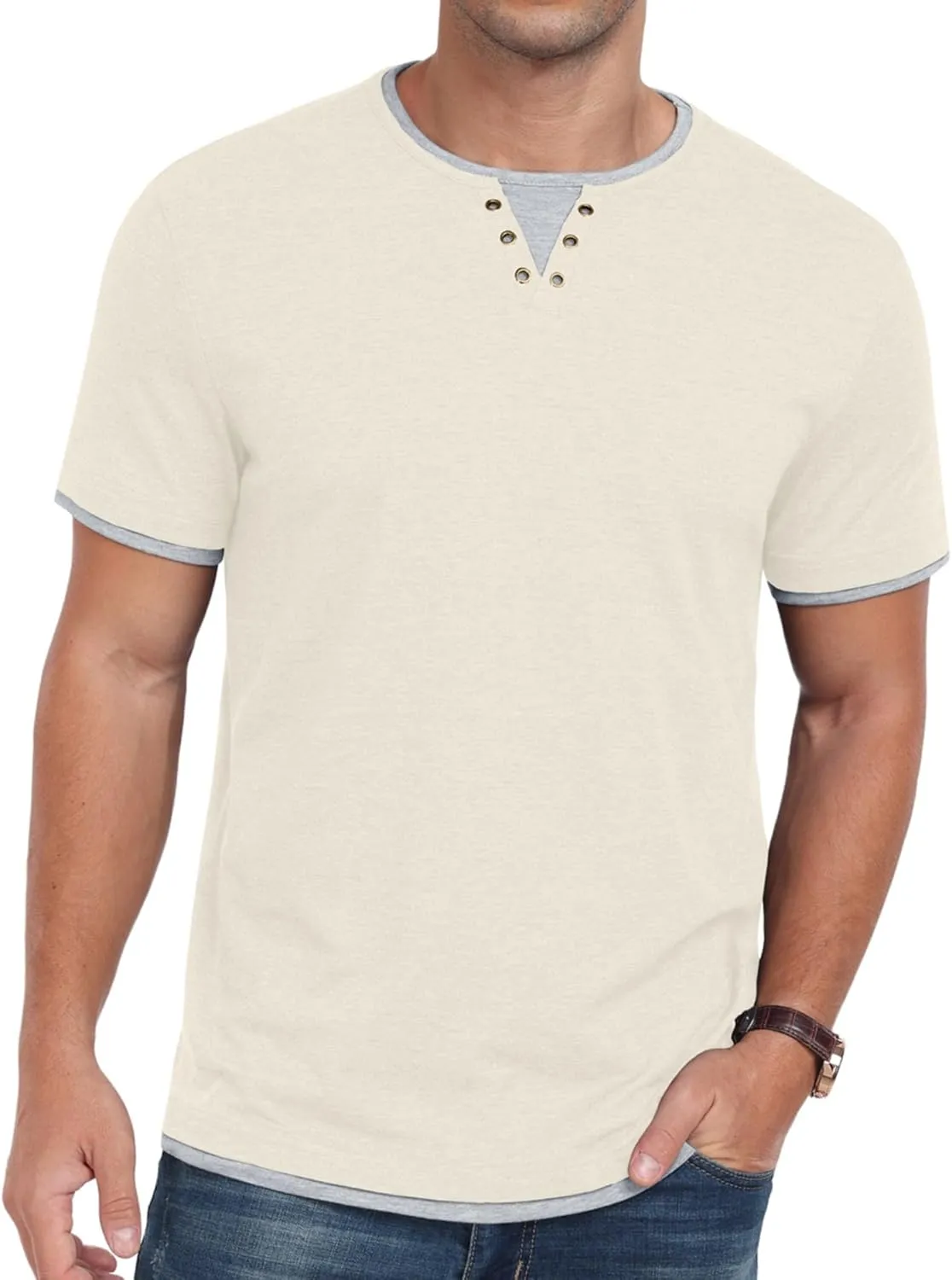 Men's Henley T-Shirt Short Sleeve Casual Lightweight Pullover Shirts Soft Stretch Basic Tees V Neck Metal Design Tops