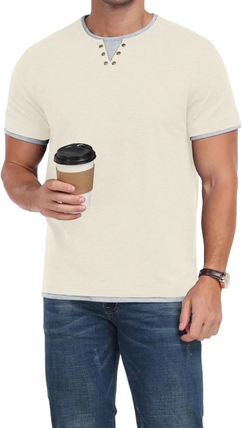 Men's Henley T-Shirt Short Sleeve Casual Lightweight Pullover Shirts Soft Stretch Basic Tees V Neck Metal Design Tops